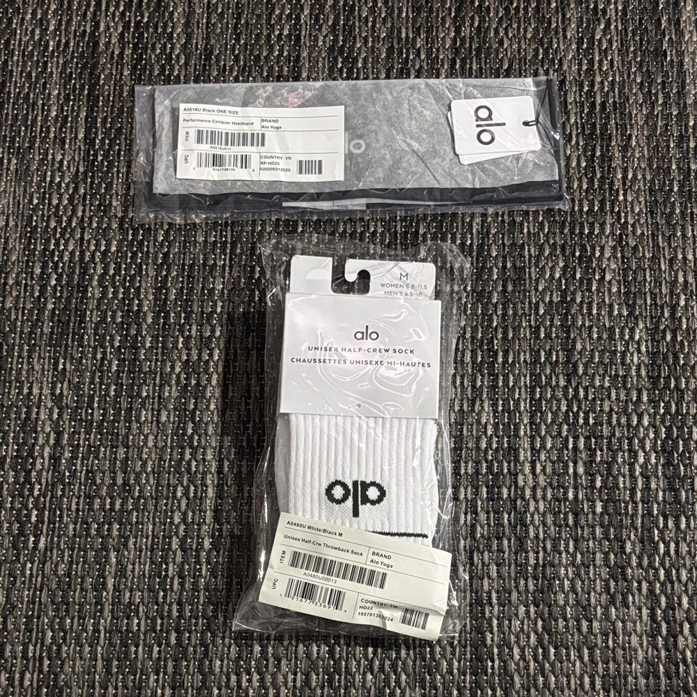 Alo yoga black headband and white half-crew sock set